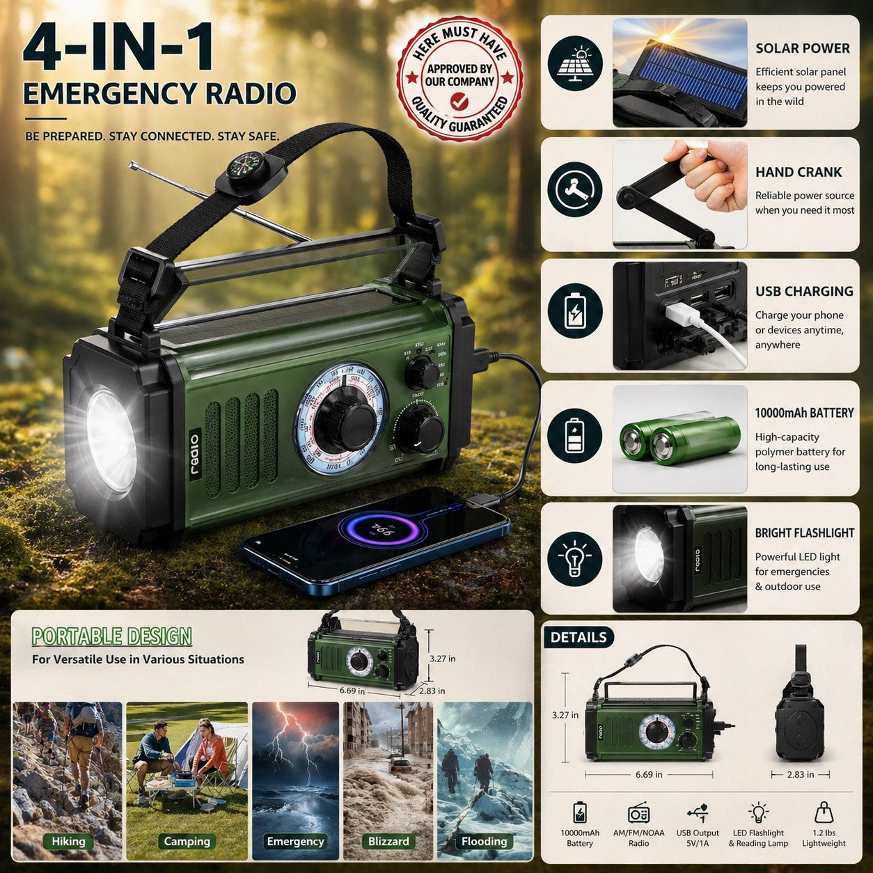 Here Must Have™ "Emergency Survival Weather Radio with Flashlight Portable Hand Crank"
