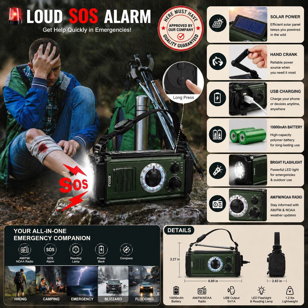 Here Must Have™ "Emergency Survival Weather Radio with Flashlight Portable Hand Crank"